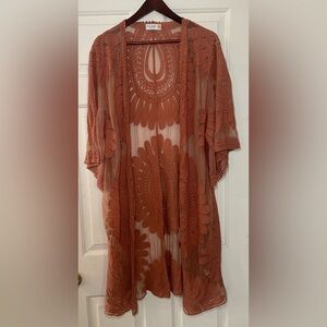 Style Apparel Kimono Women's Medium Rust Longline Sheer Lace Floral Boho Coverup